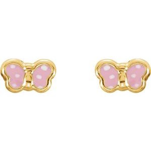 14K Yellow Pink Enamel Butterfly Earrings
