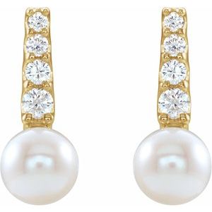 14K Yellow Cultured White Freshwater Pearl & 1/6 CTW Natural Diamond Earrings