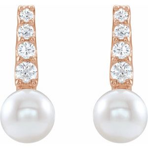 14K Rose Cultured White Freshwater Pearl & 1/6 CTW Natural Diamond Earrings