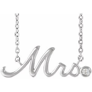 14K White .015 CT Natural Diamond "Mrs" 16-18" Necklace