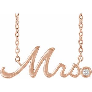 14K Rose .015 CT Natural Diamond "Mrs" 16-18" Necklace