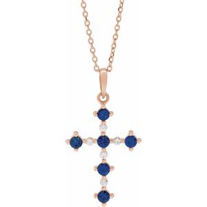 14K Rose Lab-Grown Blue Sapphire & .07 CTW Natural Diamond Cross 16-18" Necklace