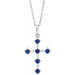 14K White Lab-Grown Blue Sapphire & .07 CTW Natural Diamond Cross 16-18" Necklace