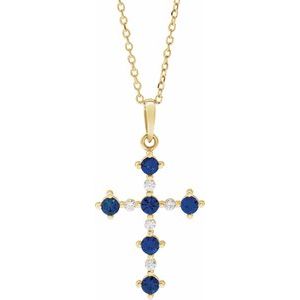 14K Yellow Lab-Grown Blue Sapphire & .07 CTW Natural Diamond Cross 16-18" Necklace