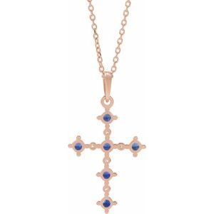 14K Rose Lab-Grown Blue Sapphire & .07 CTW Natural Diamond Cross 16-18" Necklace