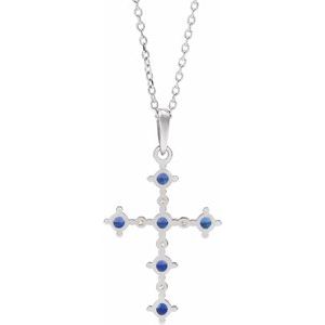 14K White Lab-Grown Blue Sapphire & .07 CTW Natural Diamond Cross 16-18" Necklace