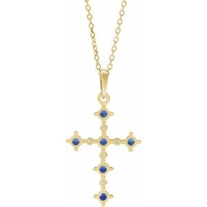 14K Yellow Lab-Grown Blue Sapphire & .07 CTW Natural Diamond Cross 16-18" Necklace