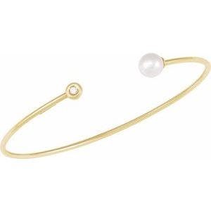 14K Yellow Cultured White Freshwater Pearl & .03 CT Natural Diamond Cuff 7" Bracelet