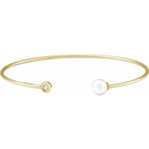 14K Yellow Cultured White Freshwater Pearl & .03 CT Natural Diamond Cuff 7" Bracelet