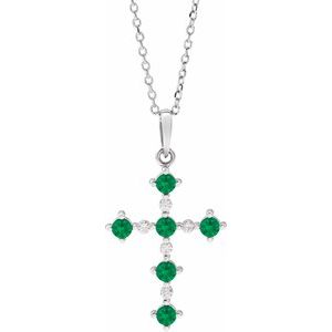 14K White Lab-Grown Emerald & .07 CTW Natural Diamond Cross 16-18" Necklace