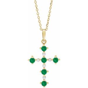 14K Yellow Lab-Grown Emerald & .07 CTW Natural Diamond Cross 16-18" Necklace