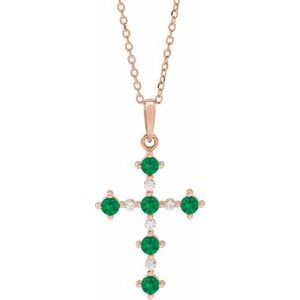 14K Rose Lab-Grown Emerald & .07 CTW Natural Diamond Cross 16-18" Necklace