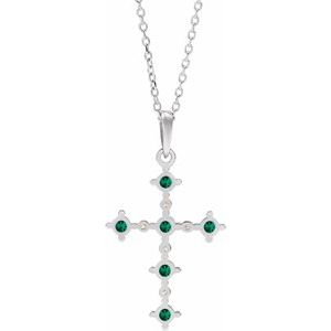 14K White Lab-Grown Emerald & .07 CTW Natural Diamond Cross 16-18" Necklace