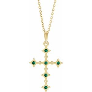 14K Yellow Lab-Grown Emerald & .07 CTW Natural Diamond Cross 16-18" Necklace