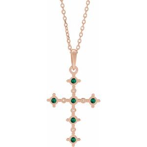 14K Rose Lab-Grown Emerald & .07 CTW Natural Diamond Cross 16-18" Necklace