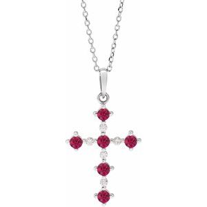 14K White Lab-Grown Ruby & .07 CTW Natural Diamond Cross 16-18" Necklace