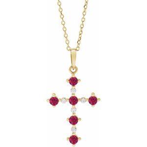 14K Yellow Lab-Grown Ruby & .07 CTW Natural Diamond Cross 16-18" Necklace