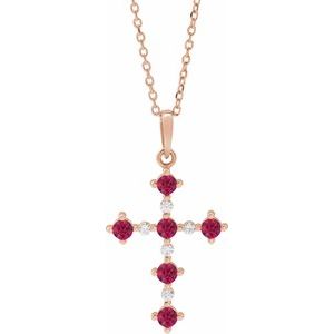 14K Rose Lab-Grown Ruby & .07 CTW Natural Diamond Cross 16-18" Necklace