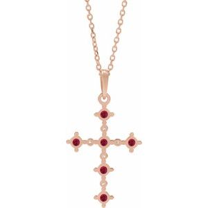 14K Rose Lab-Grown Ruby & .07 CTW Natural Diamond Cross 16-18" Necklace