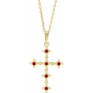 14K Yellow Lab-Grown Ruby & .07 CTW Natural Diamond Cross 16-18" Necklace