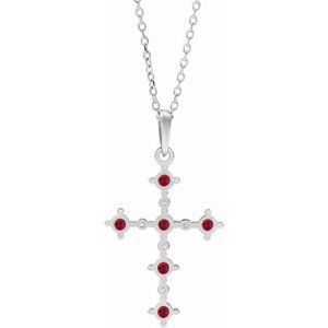 14K White Lab-Grown Ruby & .07 CTW Natural Diamond Cross 16-18" Necklace