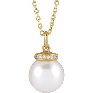 14K Yellow Cultured White Akoya Pearl & .04 CTW Natural Diamond 16-18" Necklace