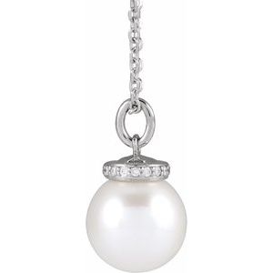 14K White Cultured White Akoya Pearl & .04 CTW Natural Diamond 16-18" Necklace