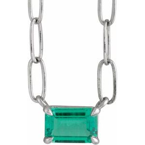 14K White 6x4 mm Lab-Grown Emerald Solitaire 18" Necklace