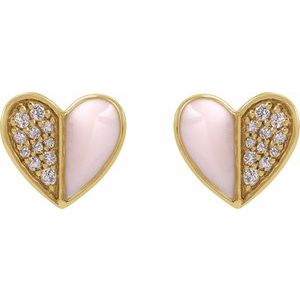 14K Yellow 1/10 Natural Diamond & Pink Enamel Heart Earrings