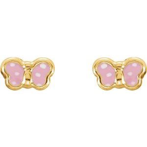 14K Yellow Pink Enamel Butterfly Earrings