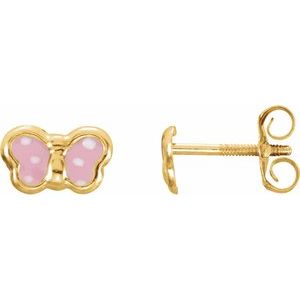 14K Yellow Pink Enamel Butterfly Earrings