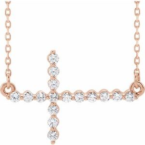 14K Rose 1/4 CTW Natural Diamond Sideways Cross 16-18" Necklace