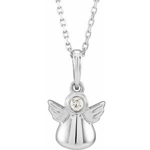 14K White .03 CT Natural Diamond Youth Angel 15" Necklace