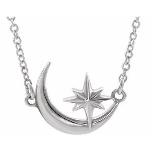 14K White Crescent Moon & Star 16-18" Necklace