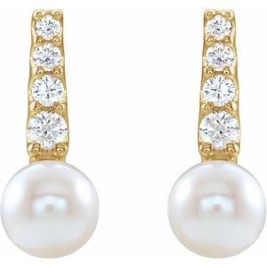 14K Yellow Cultured White Freshwater Pearl & 1/6 CTW Natural Diamond Earrings