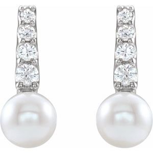 14K White Cultured White Freshwater Pearl & 1/6 CTW Natural Diamond Earrings