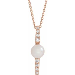 14K Rose Cultured White Freshwater Pearl & 1/6 CTW Natural Diamond 16-18" Necklace