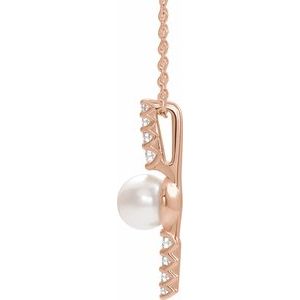 14K Rose Cultured White Freshwater Pearl & 1/6 CTW Natural Diamond 16-18" Necklace