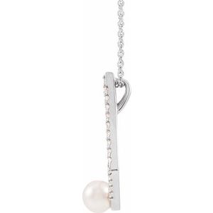 14K White Cultured White Freshwater Pearl & 1/4 CTW Natural Diamond Geometric 16-18" Necklace