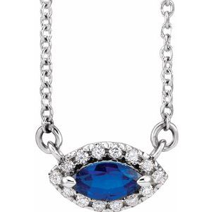 14K White Lab-Grown Blue Sapphire & .05 CTW Natural Diamond Halo-Style 18" Necklace