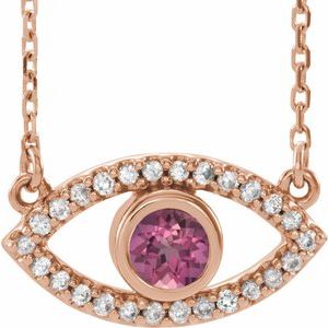 14K Rose Natural Pink Tourmaline & Natural White Sapphire Evil Eye 18" Necklace