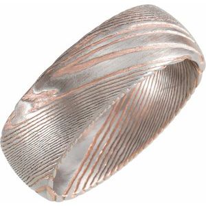 18K Rose Gold PVD Damascus Steel 8 mm Patterned Half Round Band Size 11