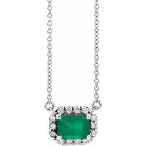 14K White 7x5 mm Lab-Grown Emerald & 1/5 CTW Natural Diamond Halo-Style 18" Necklace