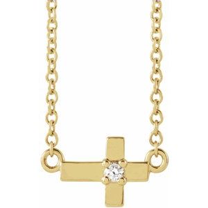 14K Yellow .015 CT Natural Diamond Sideways Cross 16" Necklace