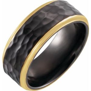 18K Yellow Gold PVD Black Titanium 8 mm Flat Size 10 Band with Hammer Finish