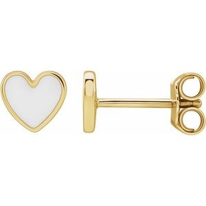 14K Yellow White Enameled Heart Earrings