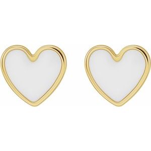 14K Yellow White Enameled Heart Earrings
