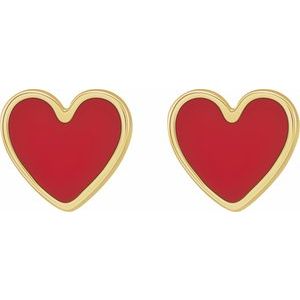 14K Yellow Red Enameled Heart Earrings
