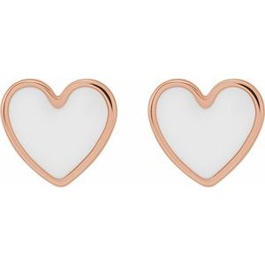 14K Rose White Enameled Heart Earrings