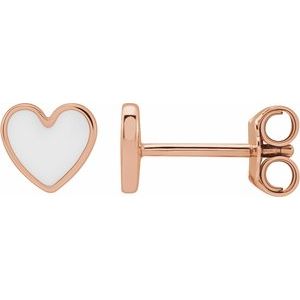 14K Rose White Enameled Heart Earrings
